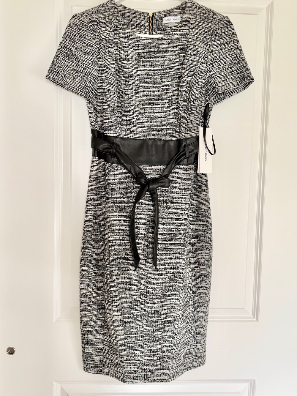 Calvin Klein Black and White Tweed Midi Dress with Leather Waist Tie
